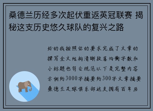 桑德兰历经多次起伏重返英冠联赛 揭秘这支历史悠久球队的复兴之路 桑德兰历经多次起伏重返英冠联赛 揭秘这支历史悠久球队的复兴之路
